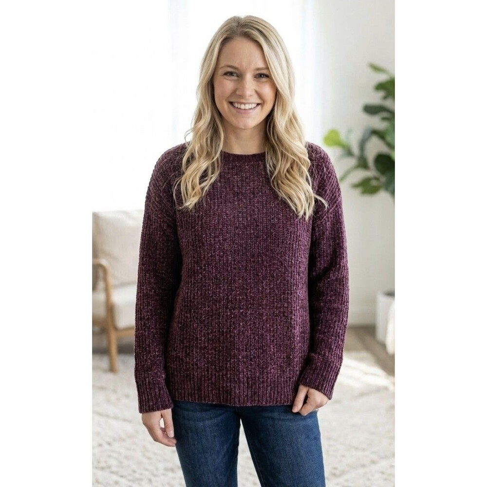 Matty M Women The Chenille Crew Neck Sweater Plum Purple Size Small Long Sleeve